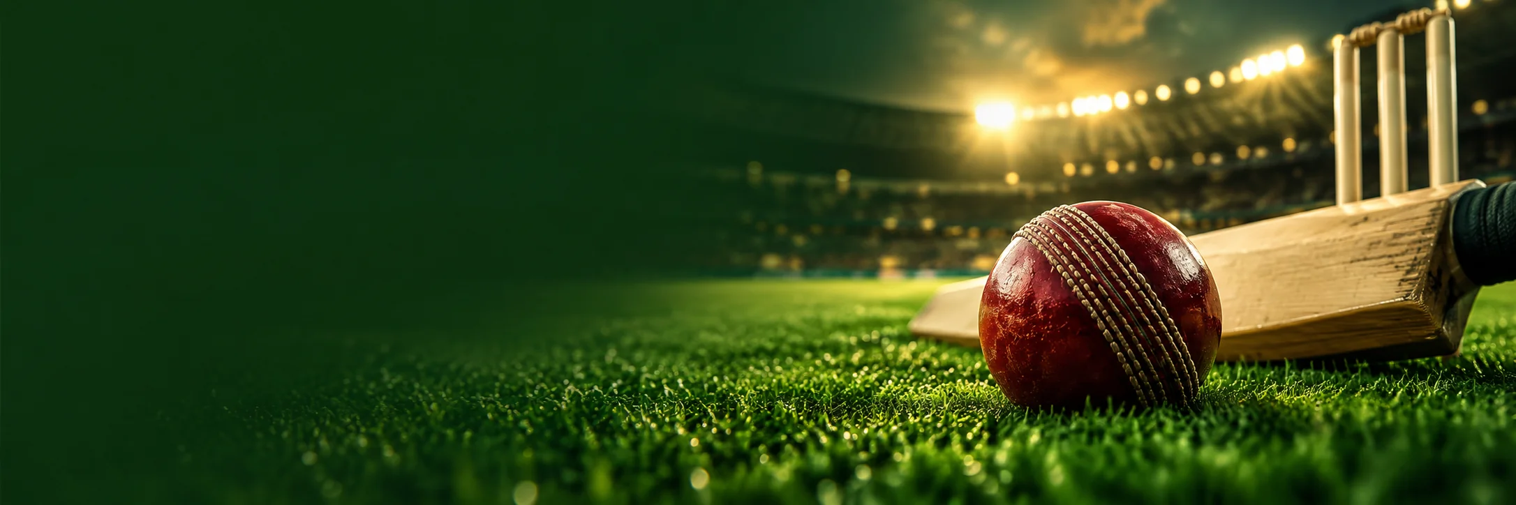Cricket ball and bat under stadium lights